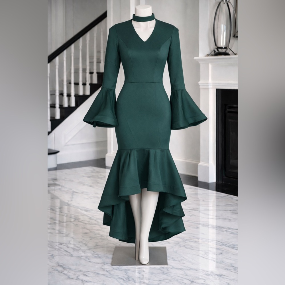 NWOT Emerald Green High Low Midi Dress Bell Sleeves Choker Neck Sz S